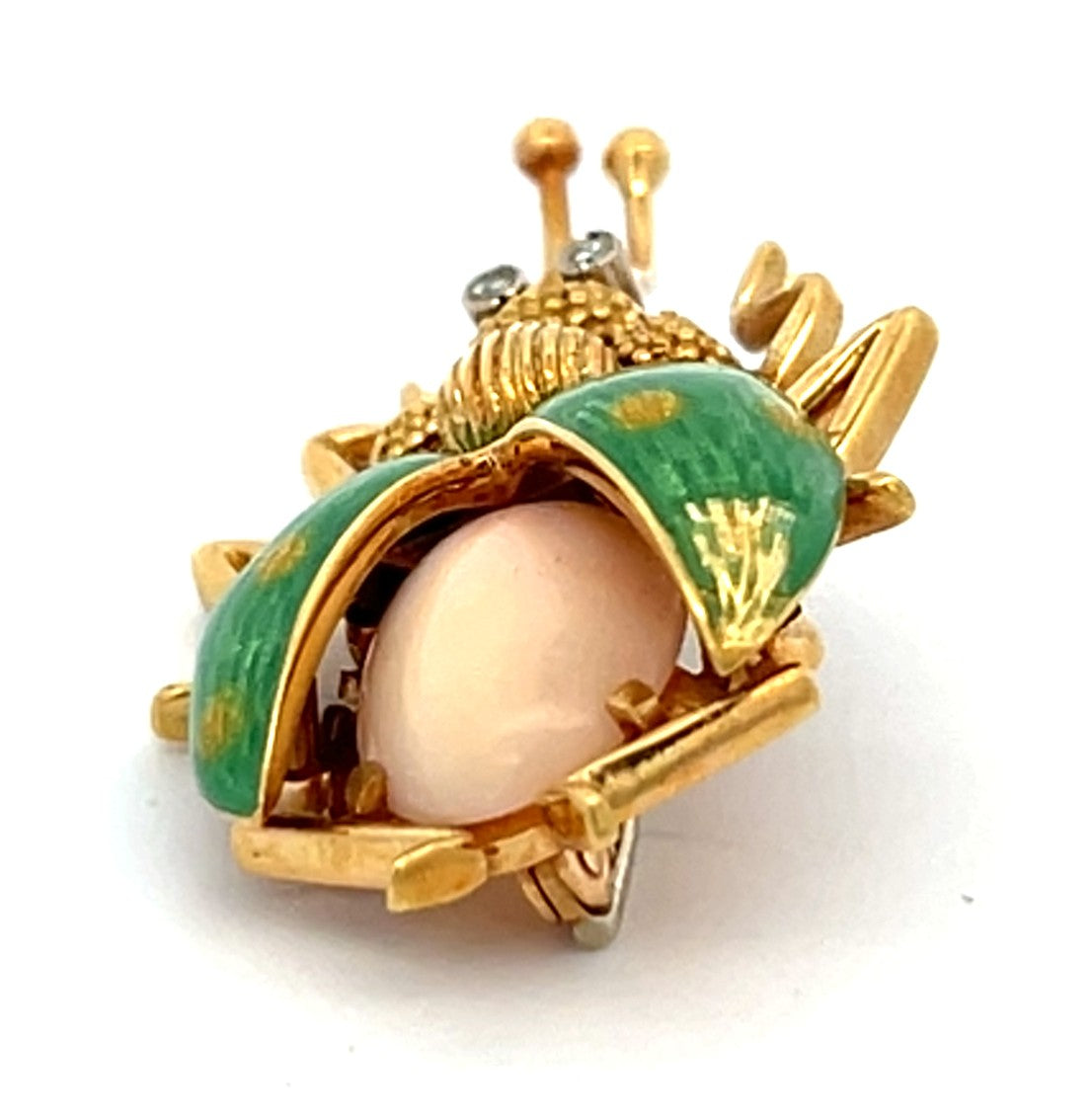 Vintage Coral, Enamel and Diamond Beetle Brooch