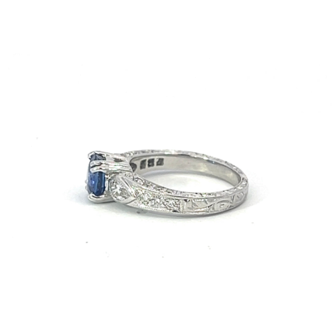 Sapphire with Pear Shape Diamond Accents and Beautiful Hand Engraving Ring