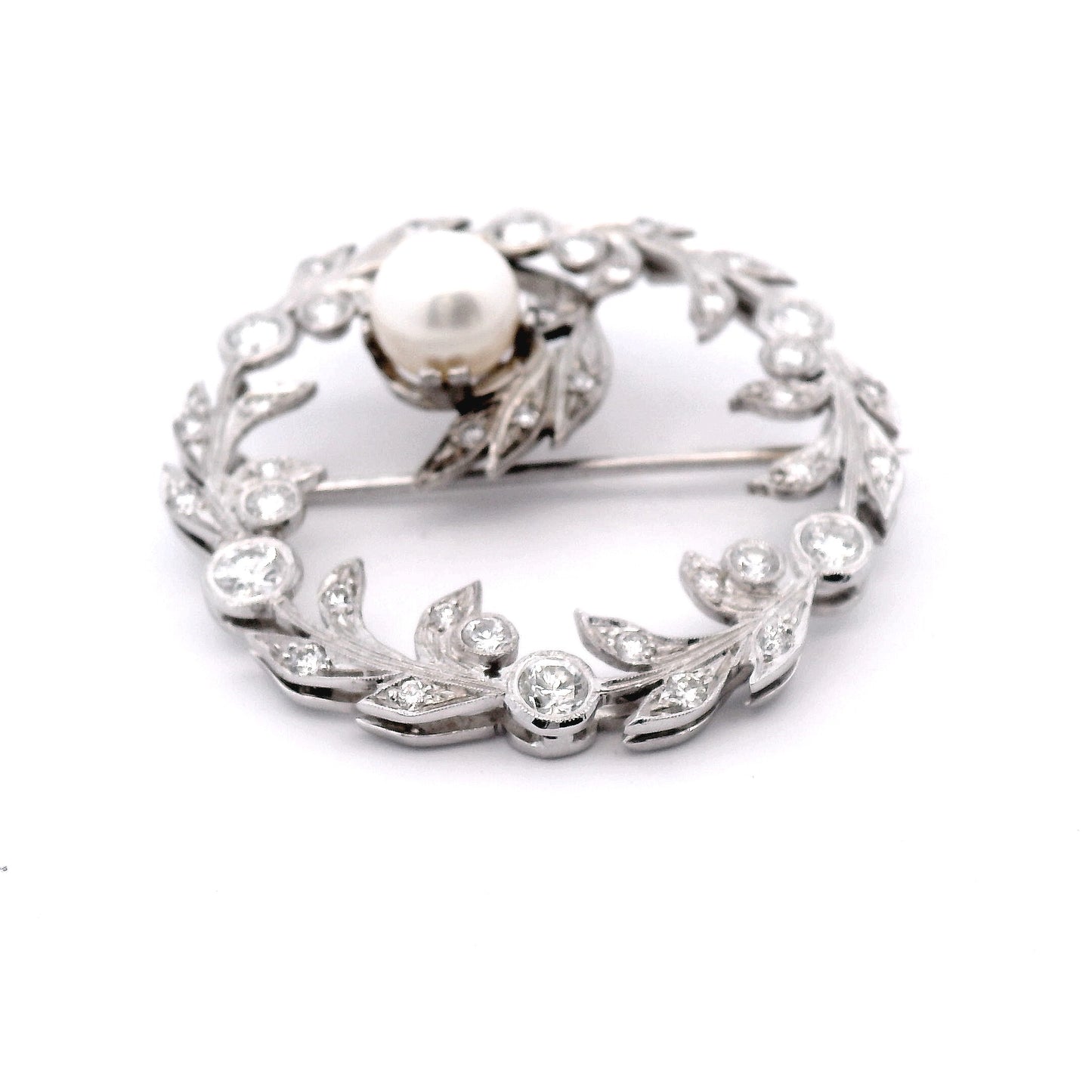 Vintage Cirlce Vine Brooch With Diamonds And A Pearl