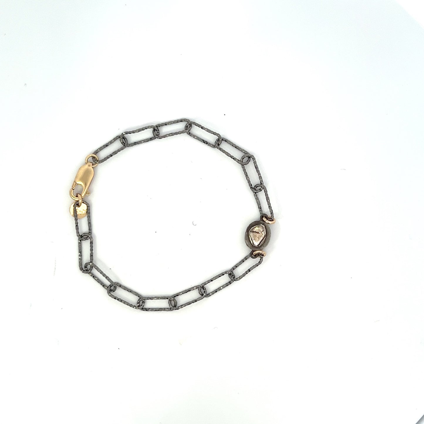 Rose Cut Diamond Bracelet Oxidized Sterling Silver Paperclip Chain.