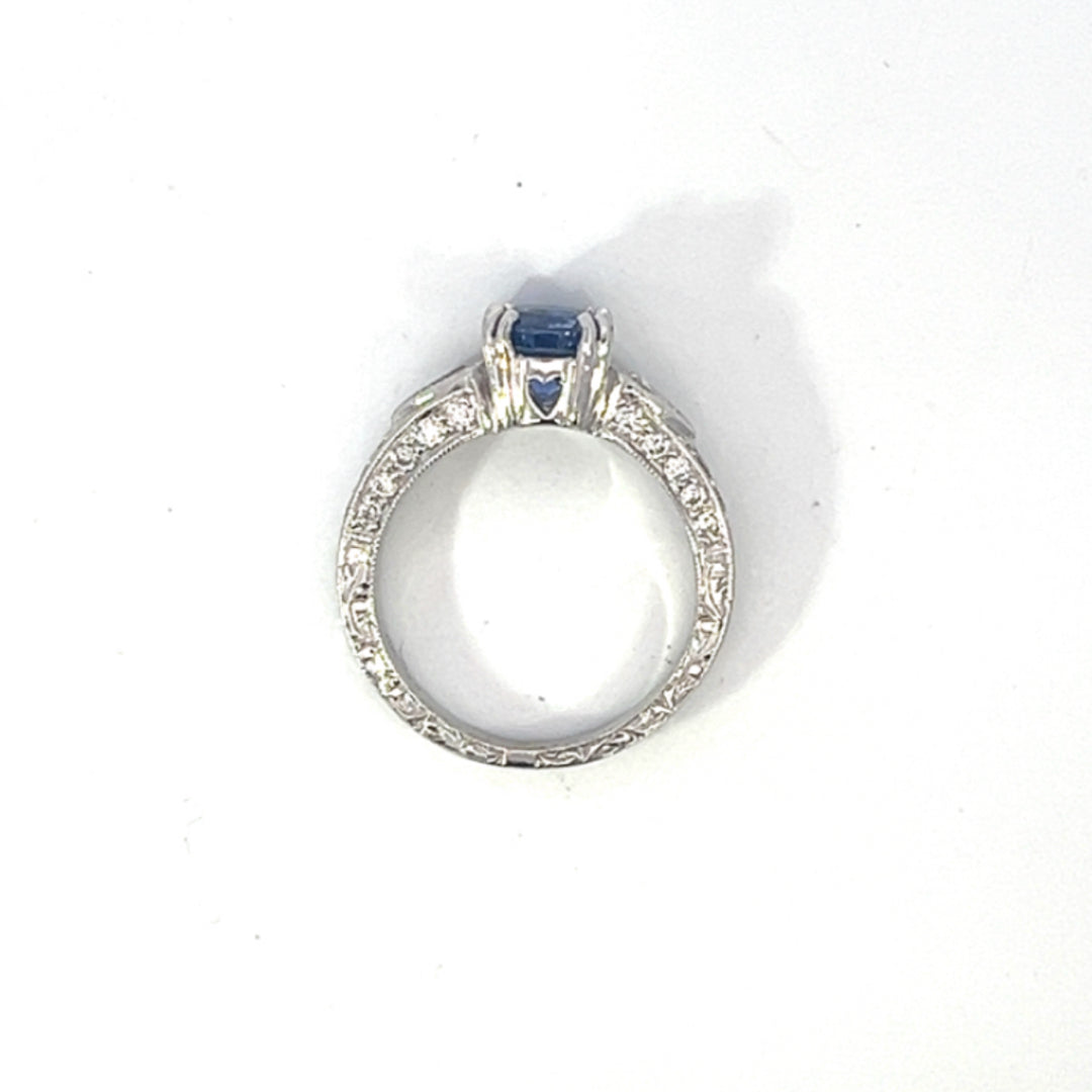 Sapphire with Pear Shape Diamond Accents and Beautiful Hand Engraving Ring