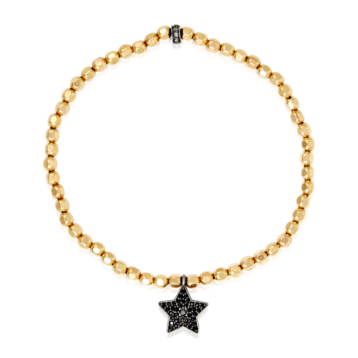 A Star  Silver Pave Diamond Charm Dangiling from Square Beaded Stretchy Bracelet