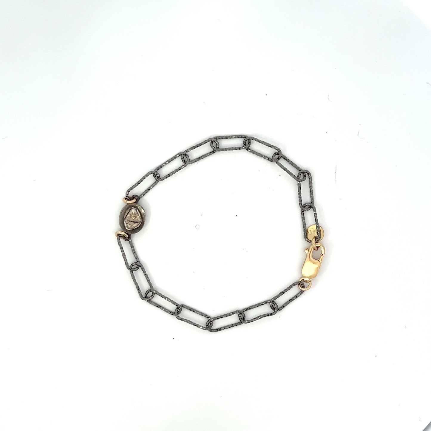 Rose Cut Diamond Bracelet  Oxidized Sterling Silver Paperclip Chain.