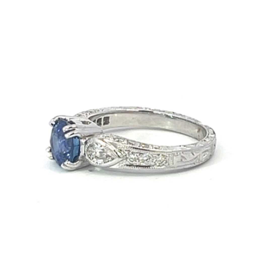 Sapphire with Pear Shape Diamond Accents and Beautiful Hand Engraving Ring