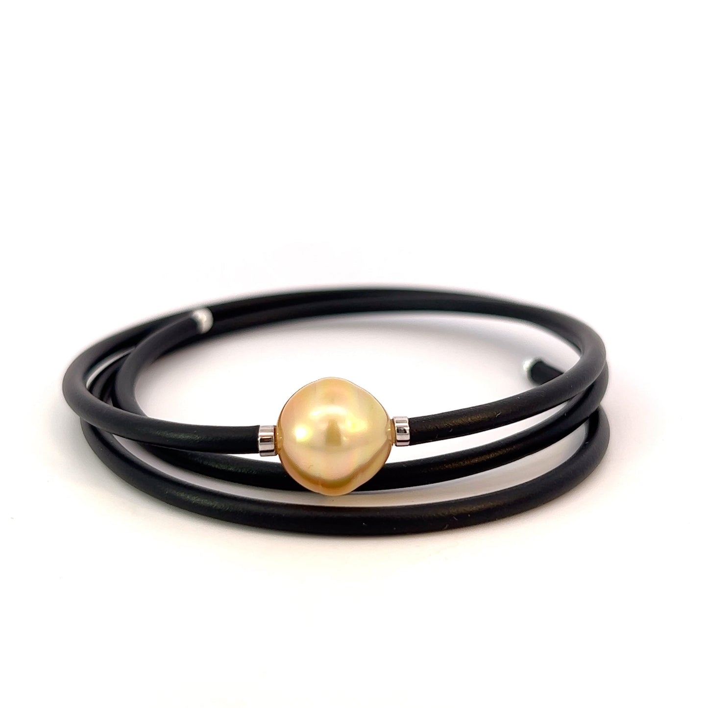 Golden South Sea Pearl, Black Leather Triple Wrap Bracelet
