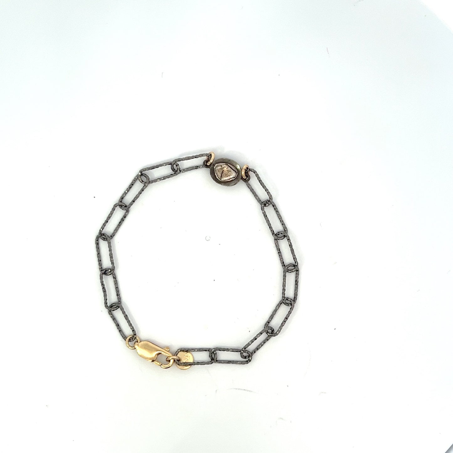 Rose Cut Diamond Bracelet  Oxidized Sterling Silver Paperclip Chain.