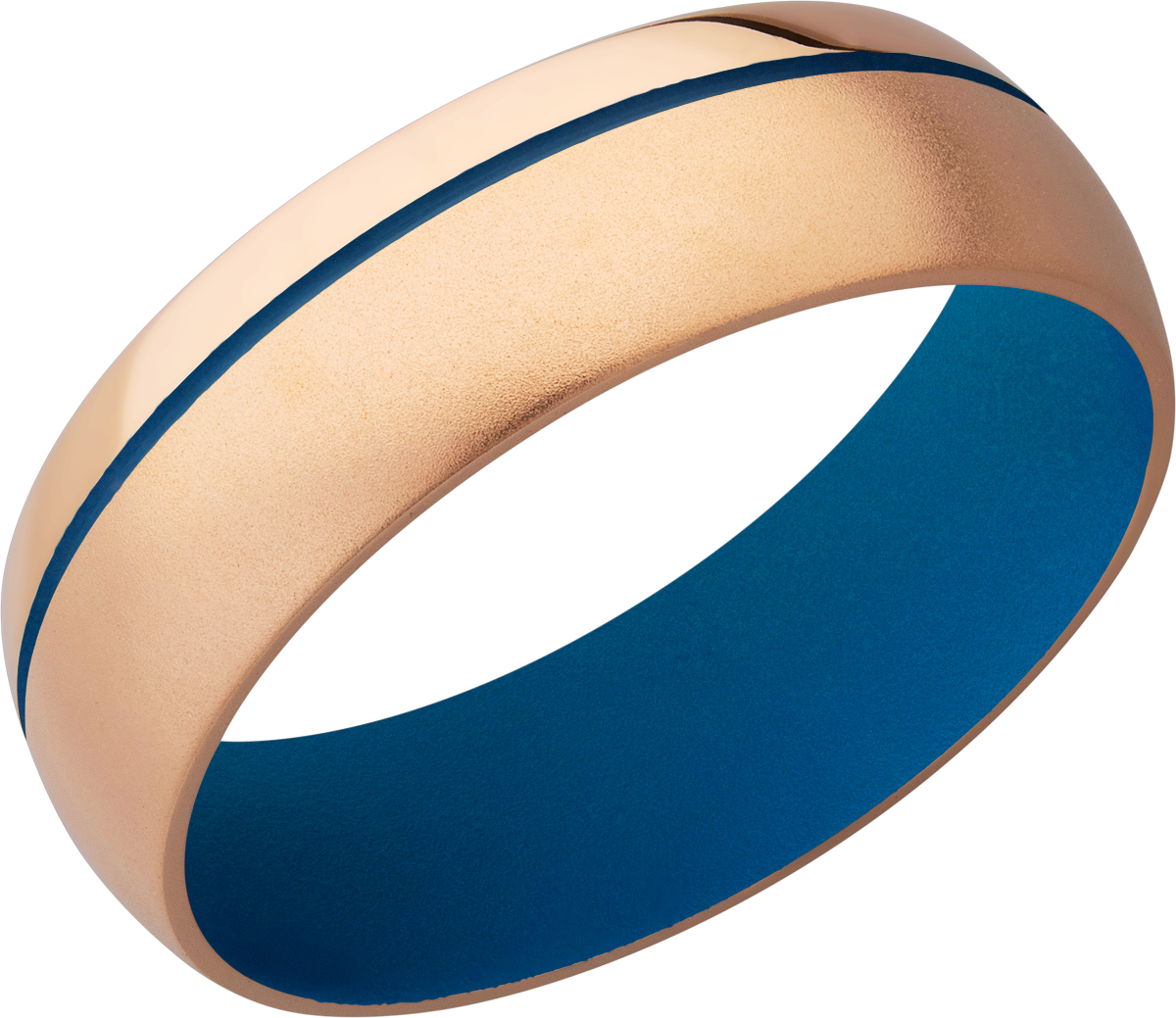 14K Rose Gold 7mm domed band with a .5mm off-centered groove featuring Sky Blue Cerakote