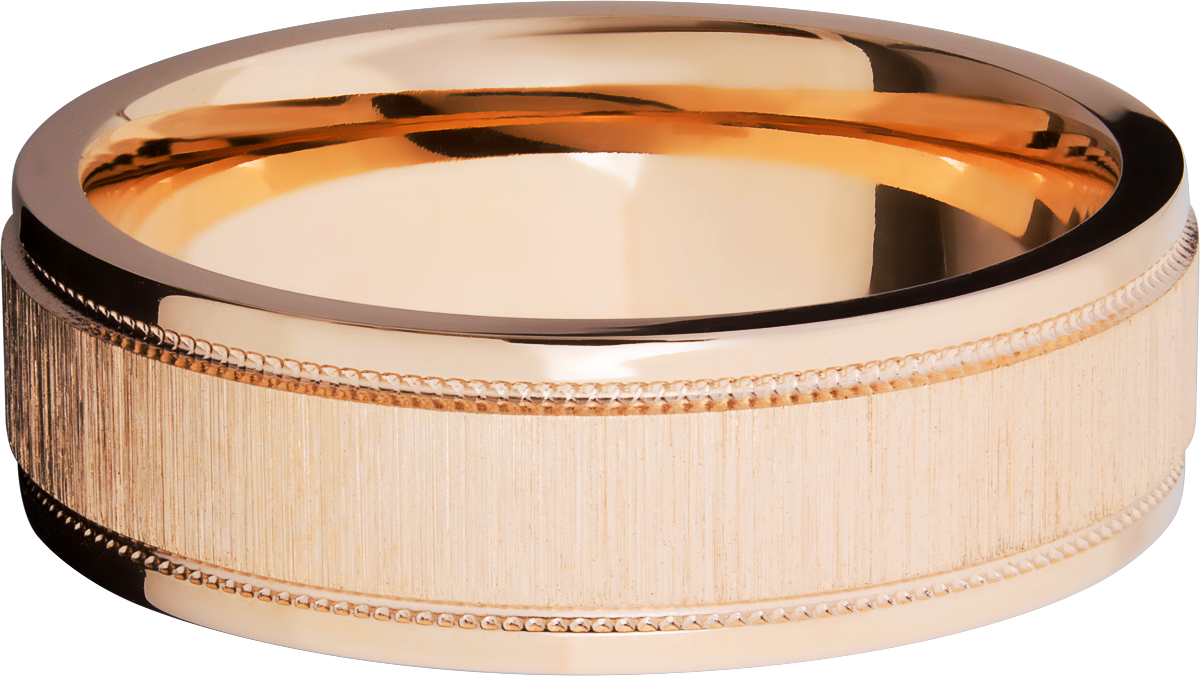 14K Rose gold 7mm domed band with grooved edges and reverse milgrain detail