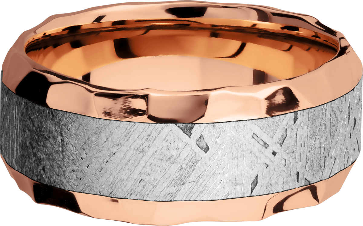 14K Rose gold 9mm beveled band with an inlay of authentic Gibeon Meteorite
