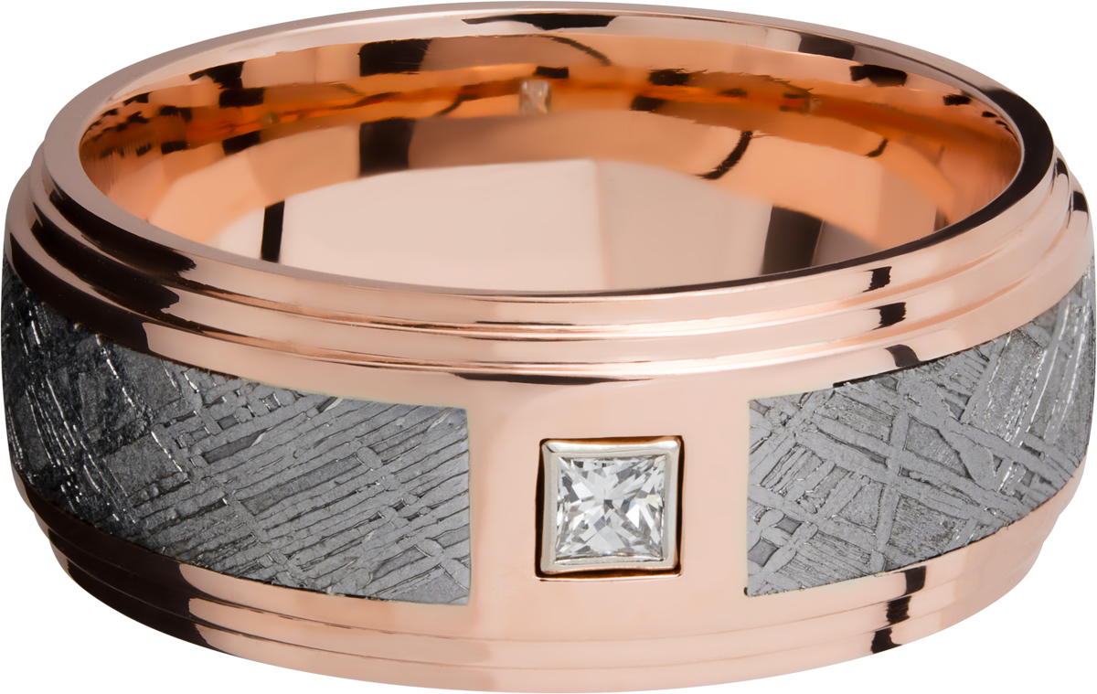 14K Rose gold 9mm flat band with an inlay of authentic Gibeon Meteorite and a white diamond accent