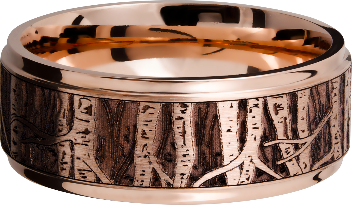 14K Rose gold 9mm flat band with grooved edges and a laser-carved aspen treeline