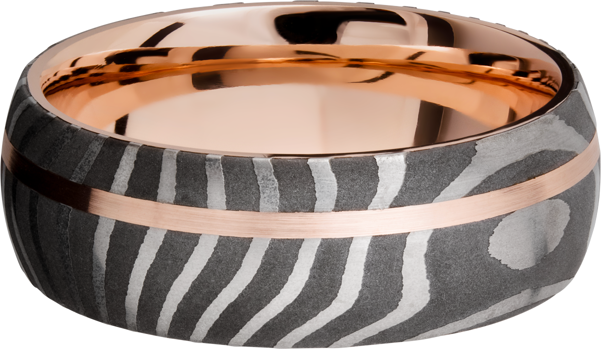 Handmade 8mm Tiger Damascus steel band featuring a sleeve and off-center inlay of 14K rose gold