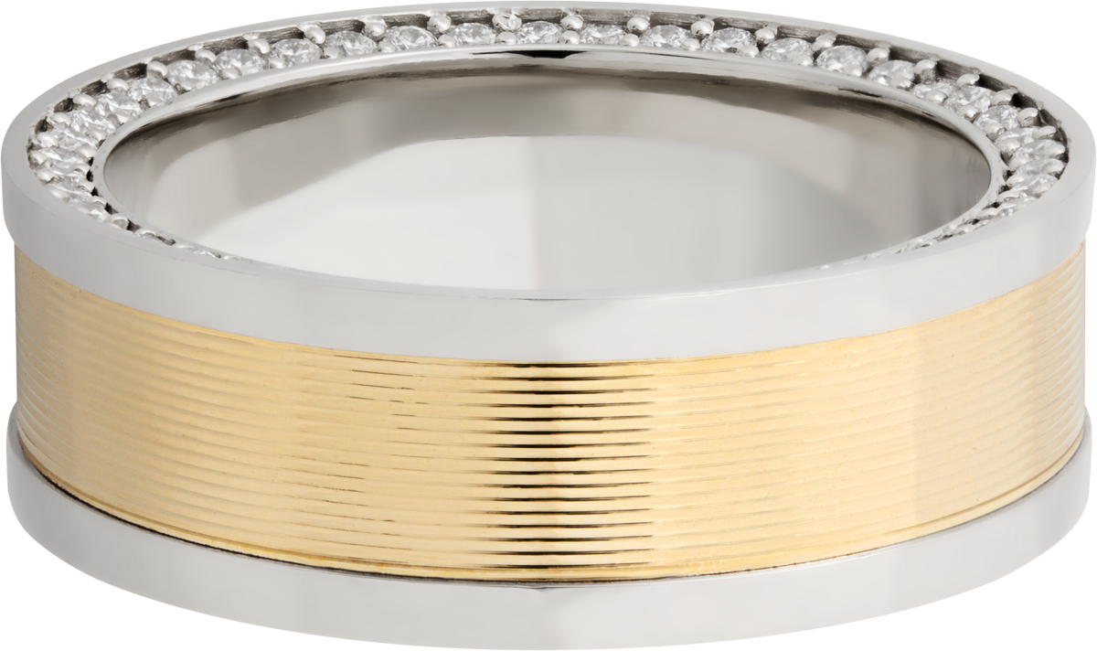 14K White gold 8mm flat band with an inlay of 14K yellow gold and bead-set .01ct side eternity diamonds