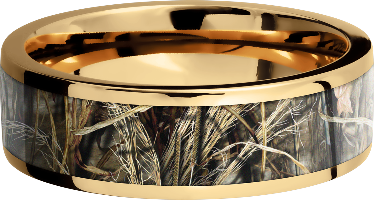 14K Yellow Gold 7mm flat band with a 5mm inlay of Realtree Advantage Max4 Camo
