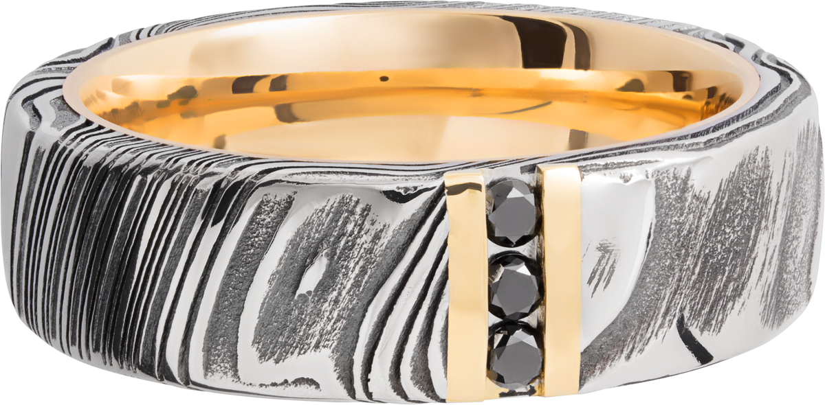 Handmade 7mm Woodgrain Damascus steel band featuring 3, .03ct channel-set black diamonds and a 14K yellow gold sleeve