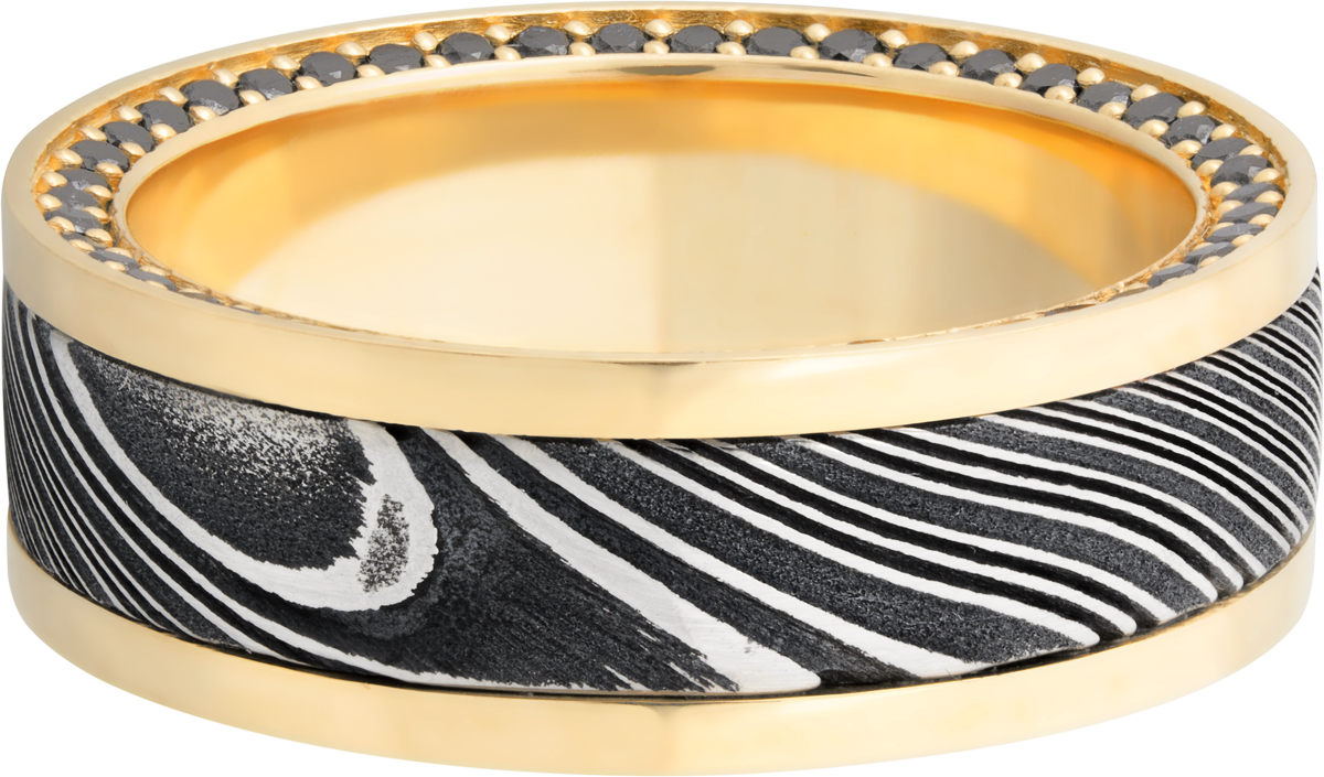 18K Yellow gold 8mm flat band with an inlay of handmade woodgrain Damascus steel and black diamond eternity accents
