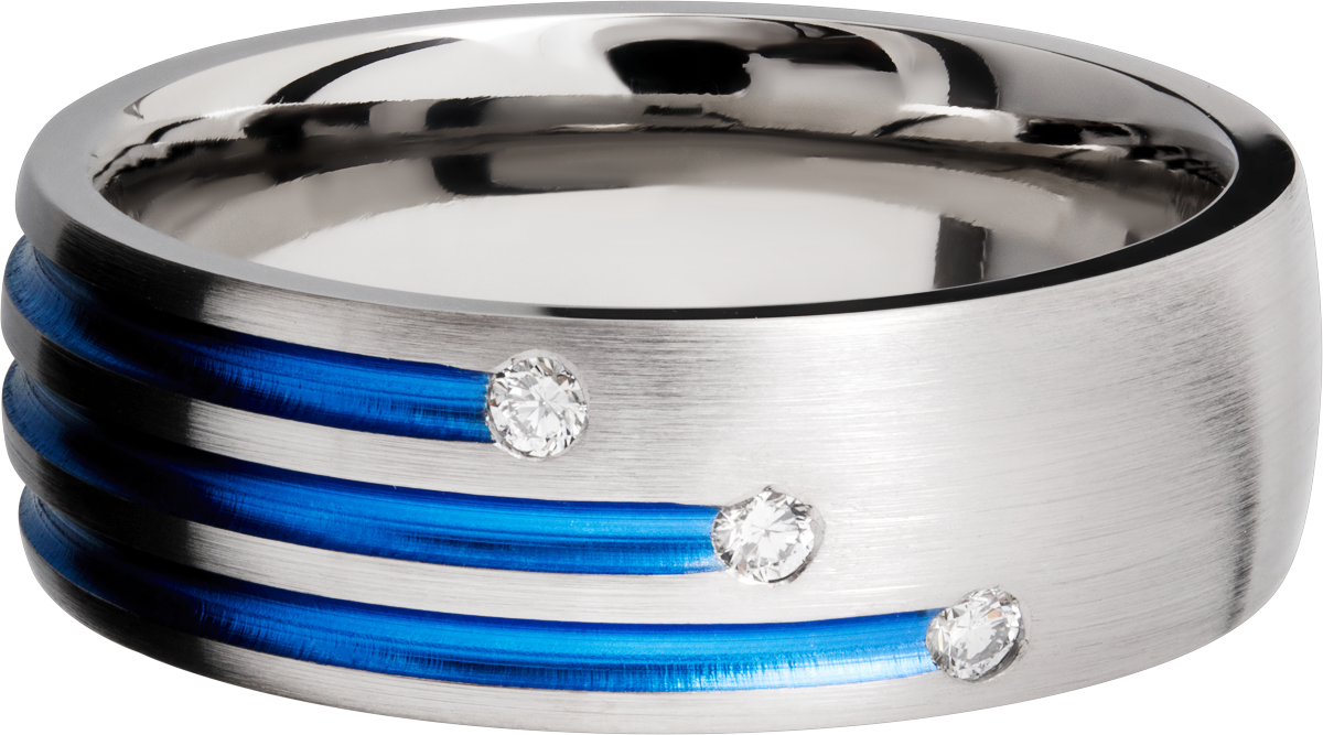 Titanium 8mm domed band with three staggered grooves with Cerakote and 3, .03 flush-set diamonds
