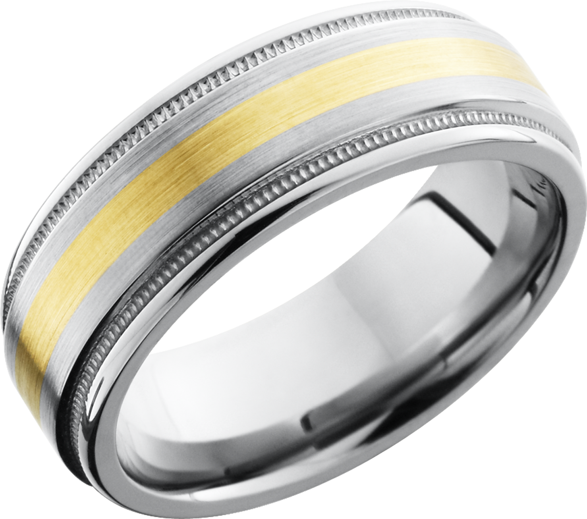 Titanium 8mm flat band with rounded edges and an inlay of 14K yellow gold