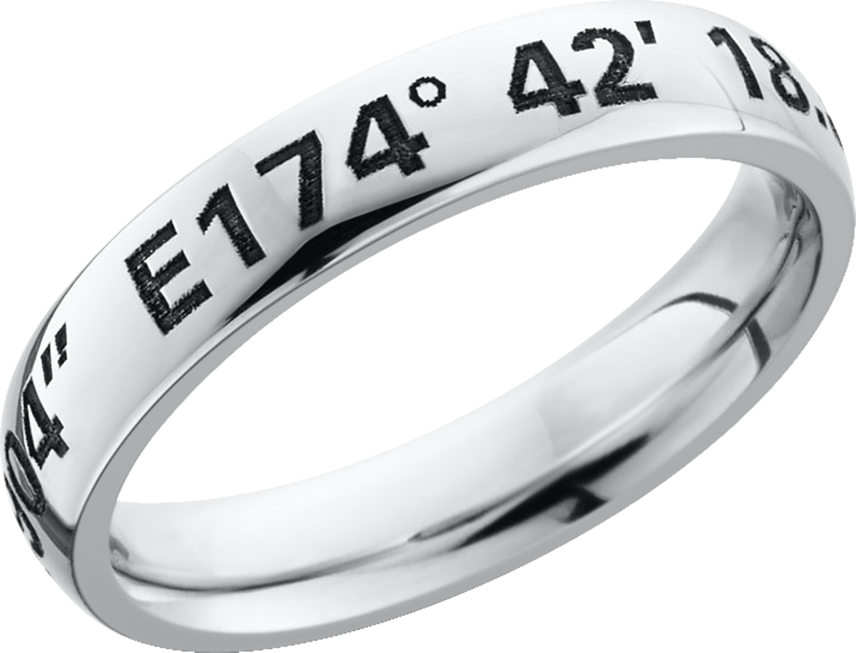 Cobalt chrome 4mm domed band with a laser-carved coordinates
