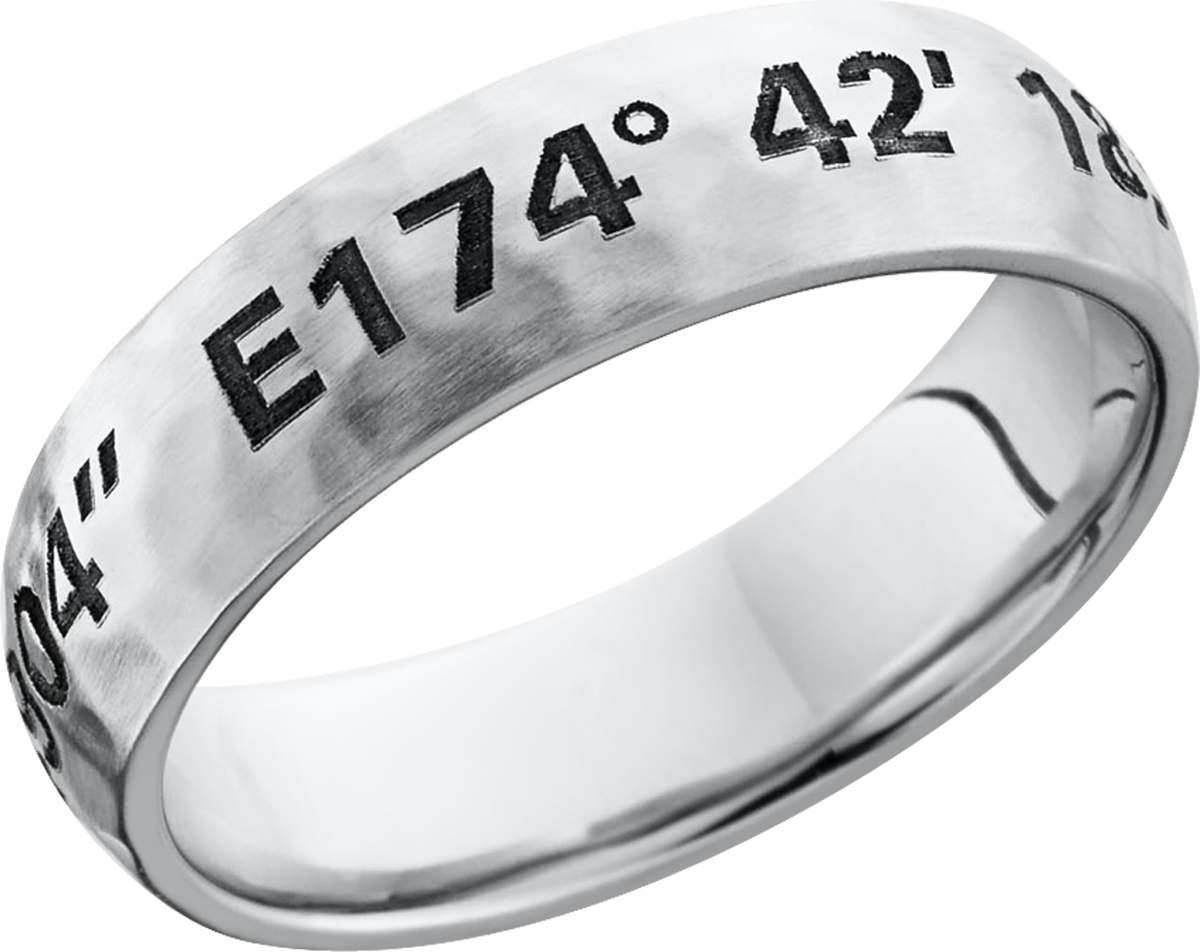 Cobalt chrome 6mm domed band with a laser-carved coordinates
