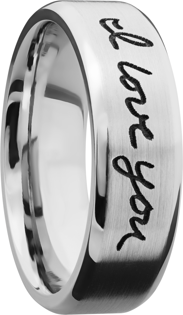 Cobalt chrome 7mm beveled band with laser-carved handwriting