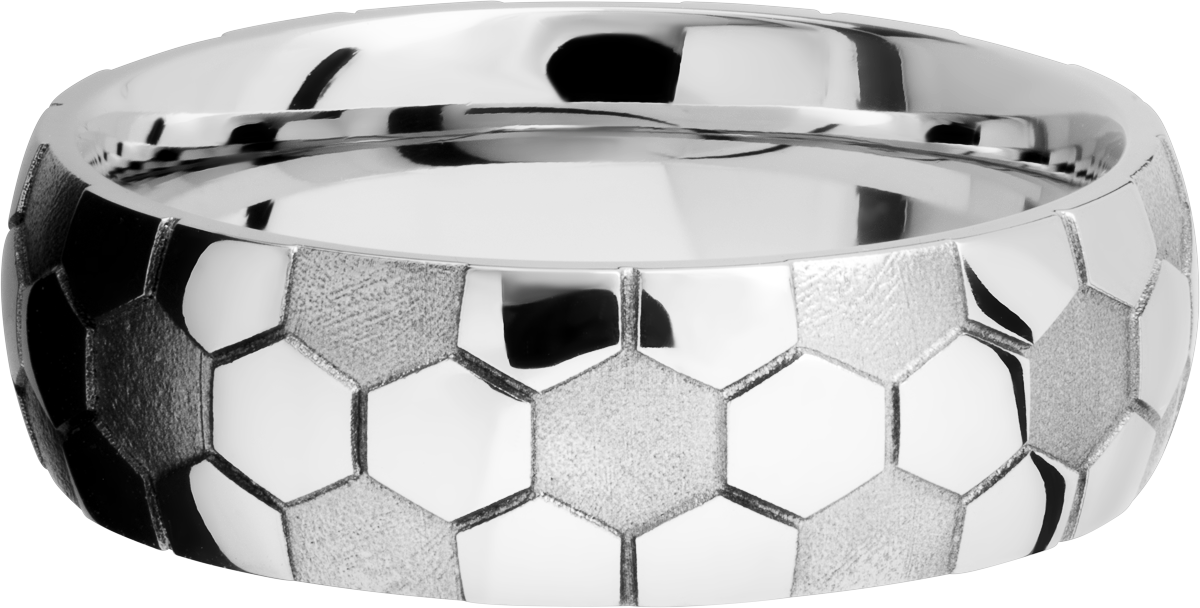 Cobalt chrome 7mm domed band with laser-carved soccer ball pattern