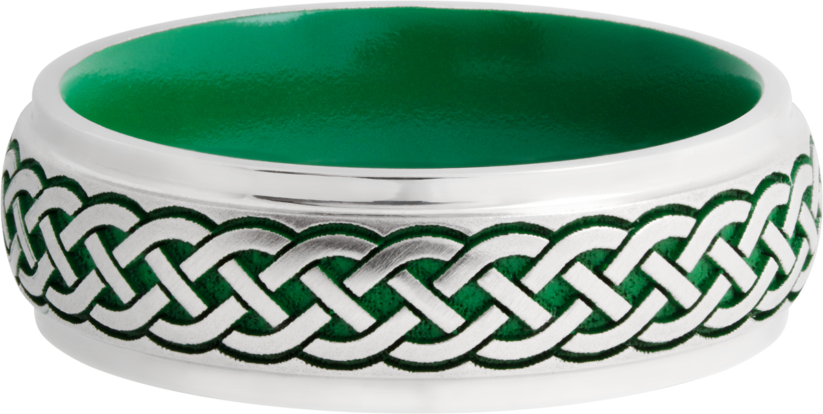 Cobalt chrome 7mm domed band with grooved edges a laser-carved Celtic pattern featuring Cerakote