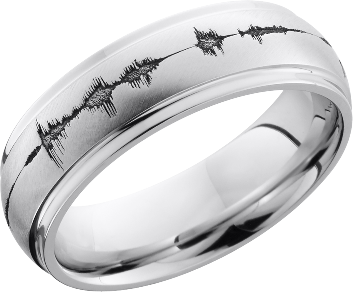 Cobalt chrome 7mm domed band with grooved edges and a laser-carved soundwave