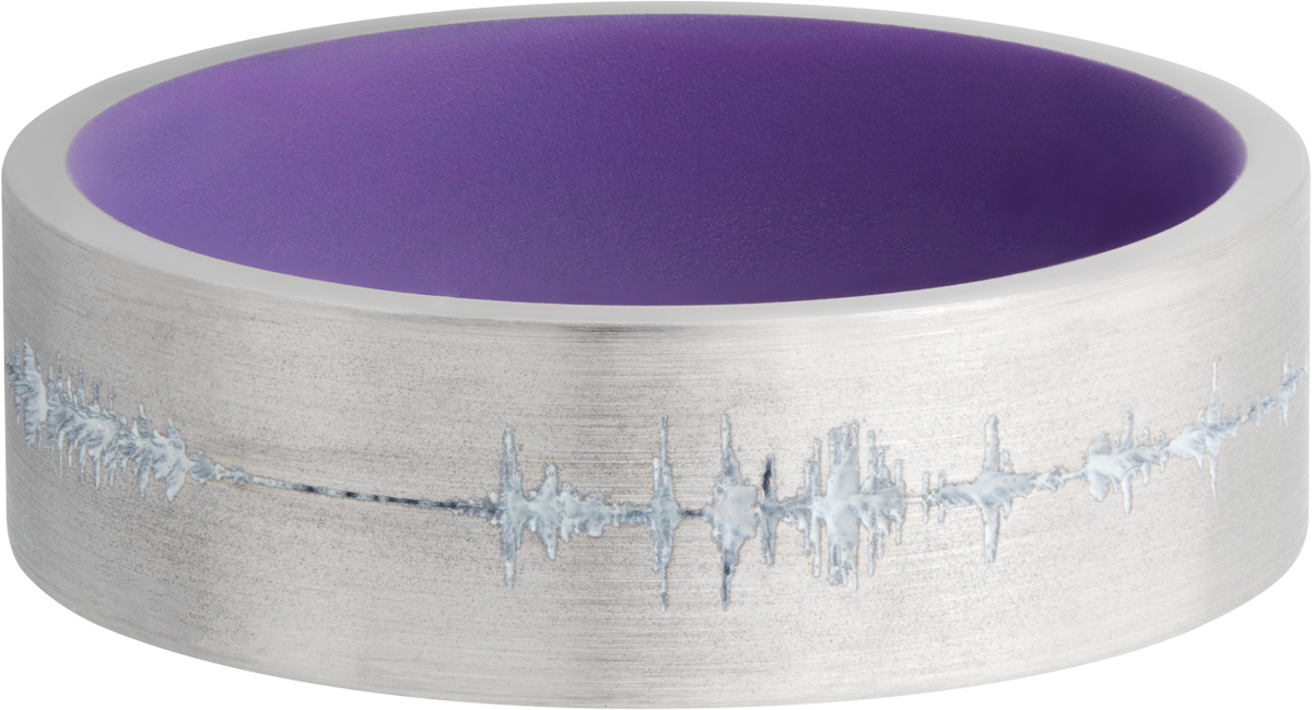 Cobalt chrome 7mm flat band with a laser-carved personalized soundwave and a Bright Purple Cerakote Sleeve