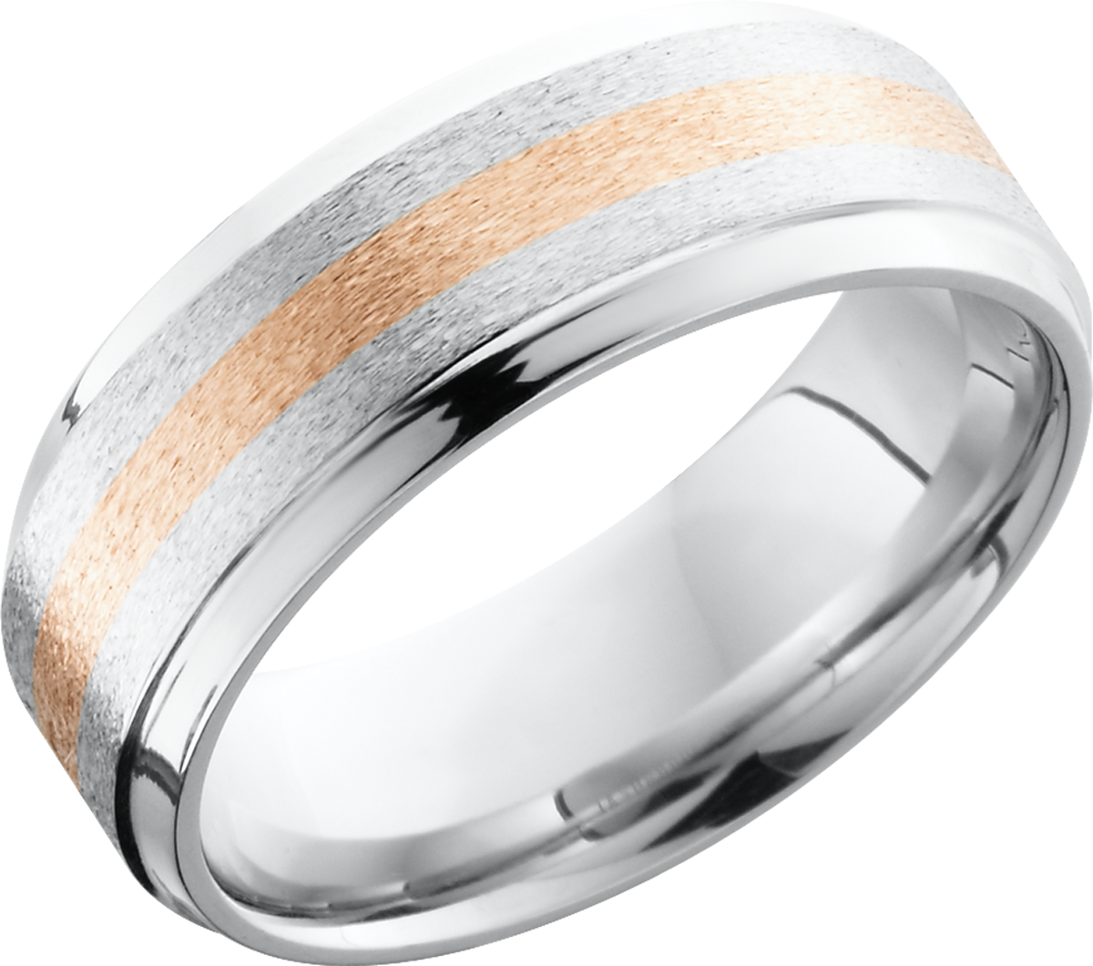 Cobalt chrome 8mm beveled band with a 14K rose gold inlay