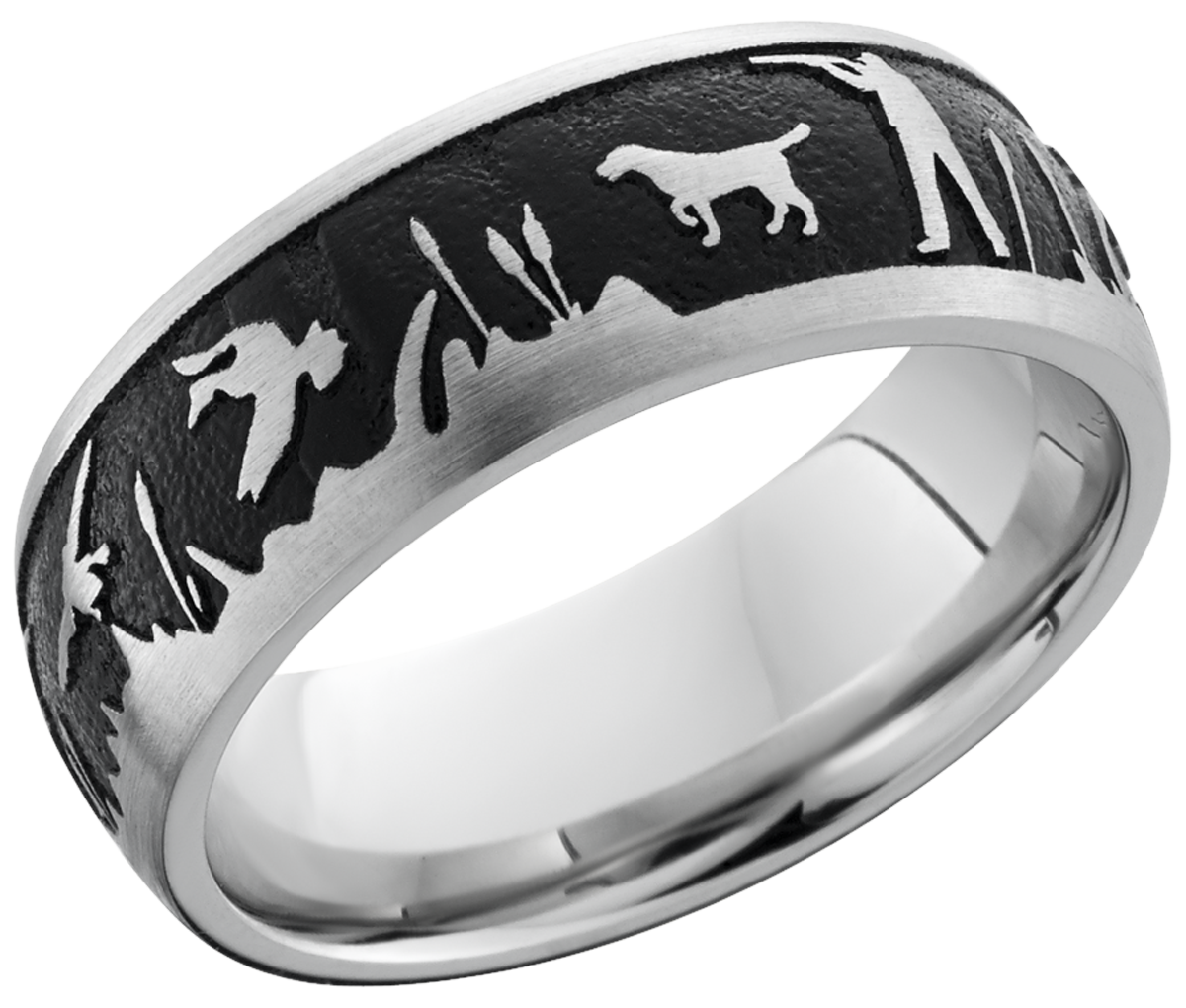 Cobalt chrome 8mm domed band with a laser-carved duck hunt pattern