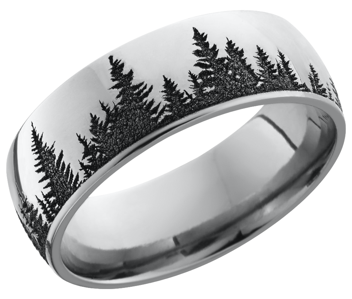 Cobalt chrome 8mm domed band with a laser-carved treeline pattern