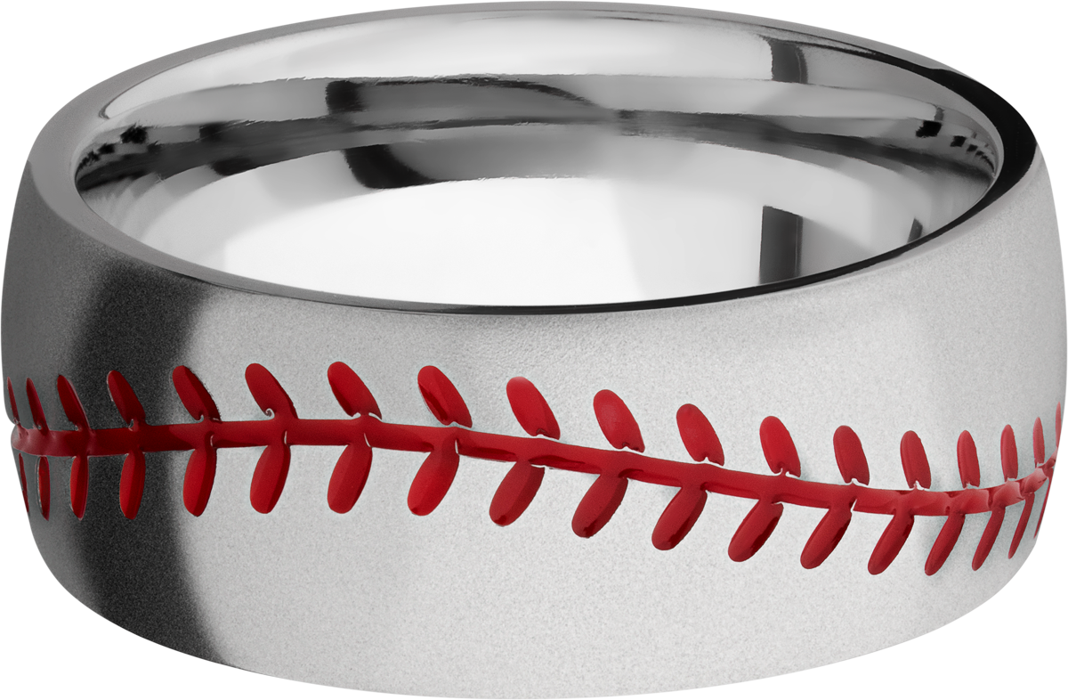 Cobalt chrome 8mm domed band with laser-carved baseball stitching and red Cerakote
