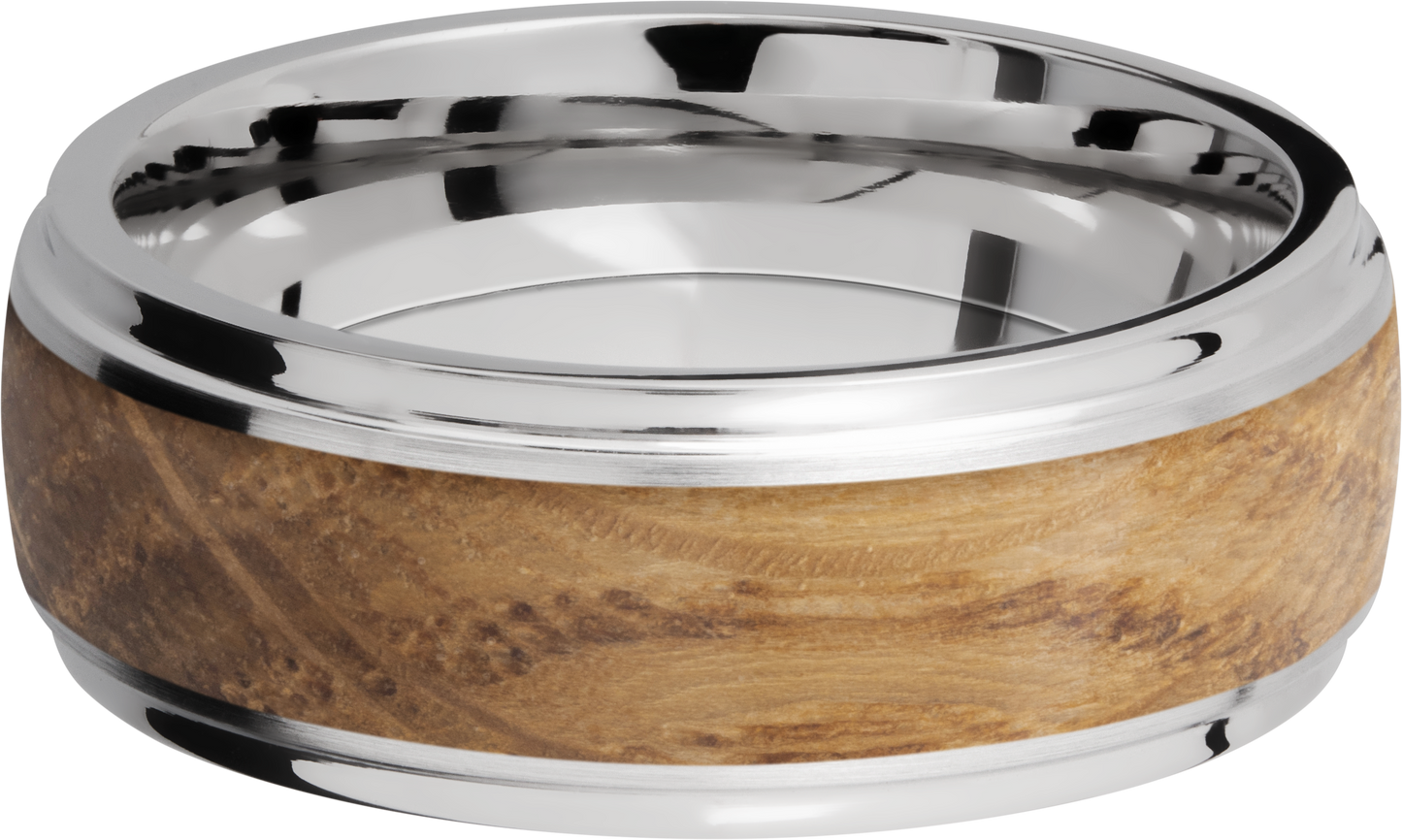 Cobalt chrome 8mm domed band with grooved edges and an inlay of Whiskey Barrel hardwood