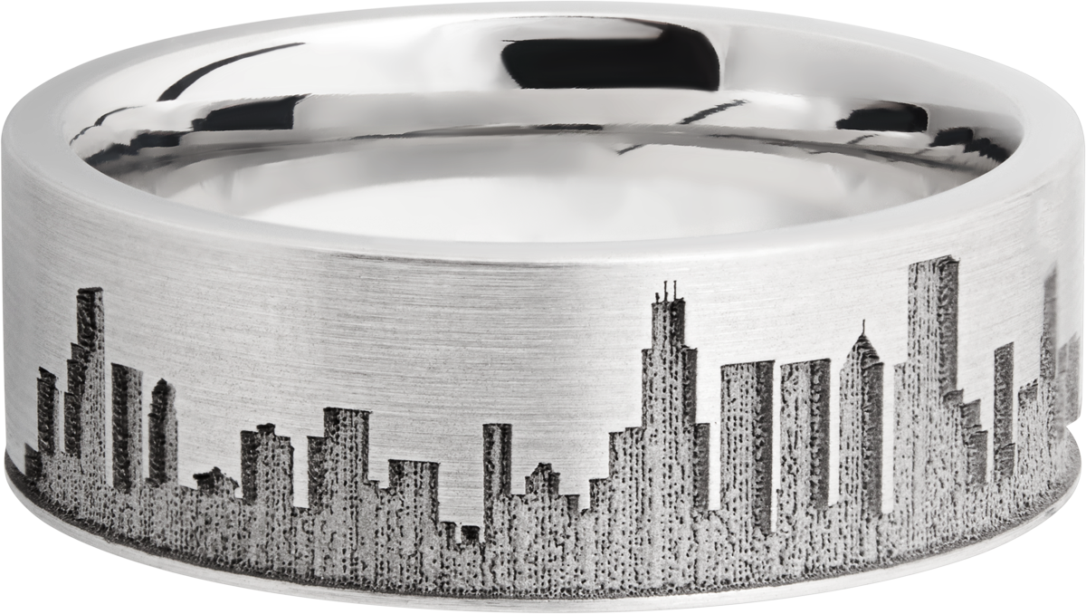 Cobalt chrome 8mm flat band with laser-carved Chicago skyline