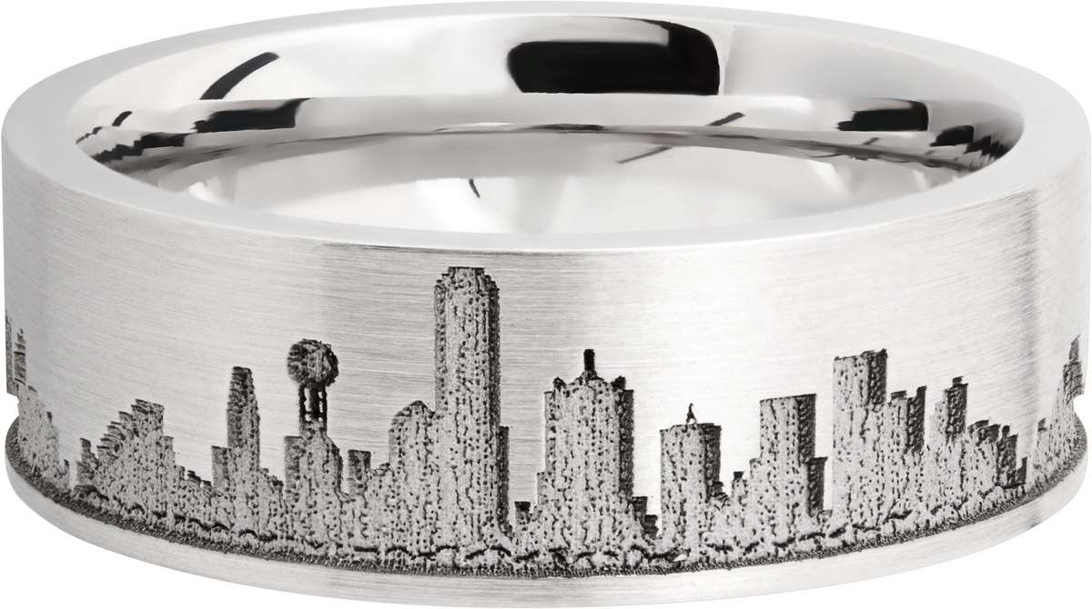 Cobalt chrome 8mm flat band with laser-carved Dallas skyline