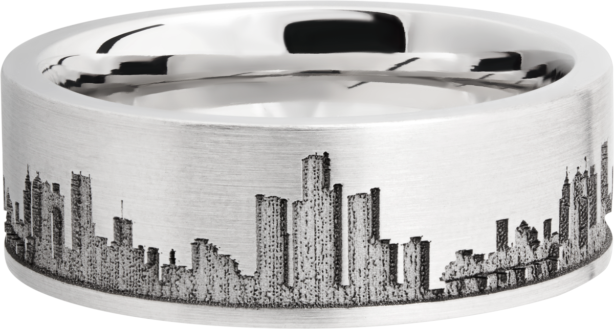 Cobalt chrome 8mm flat band with laser-carved Detroit skyline
