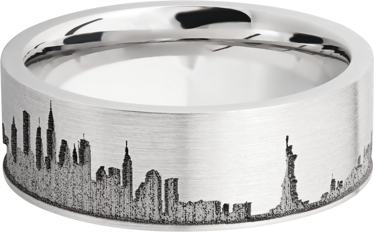 Cobalt chrome 8mm flat band with laser-carved New York skyline