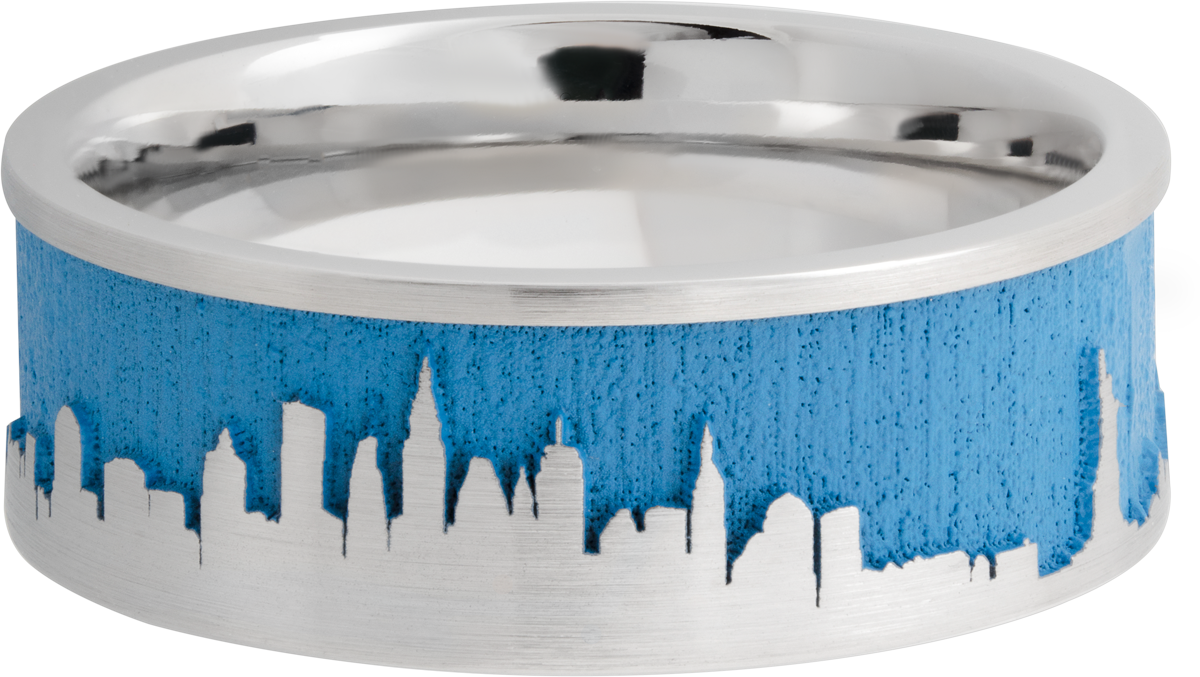 Cobalt chrome 8mm flat band with a laser-carved New York skyline featuring Sea Blue Cerakote in the recessed pattern
