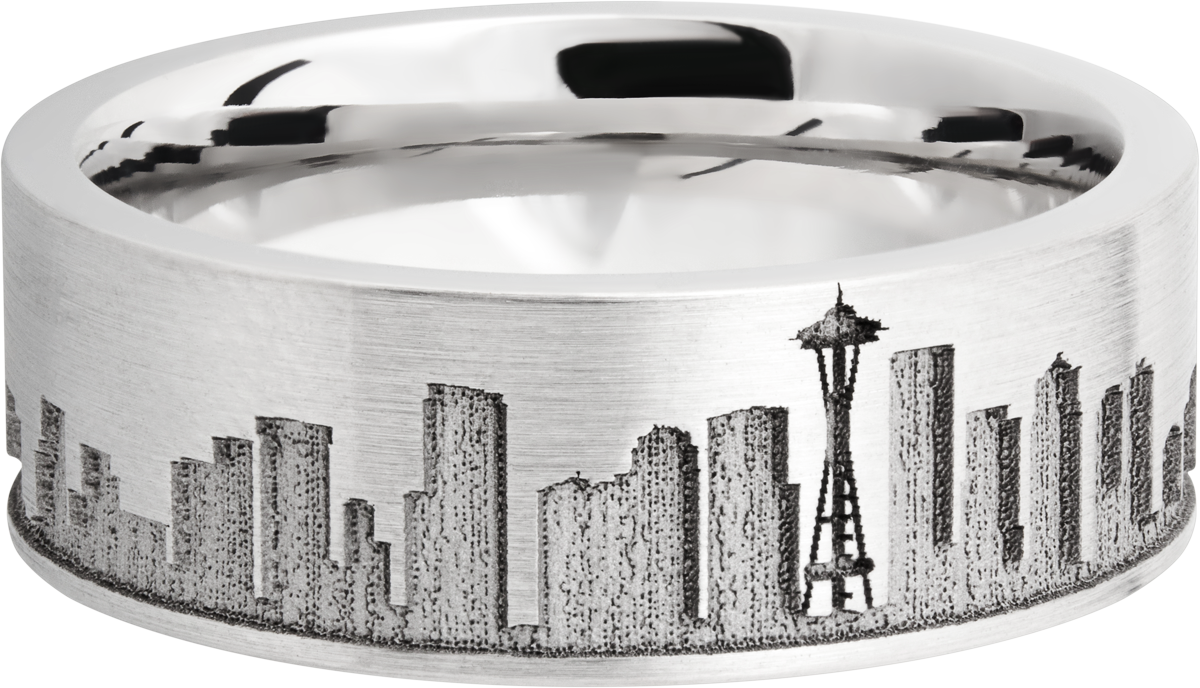 Cobalt chrome 8mm flat band with laser-carved Seattle skyline