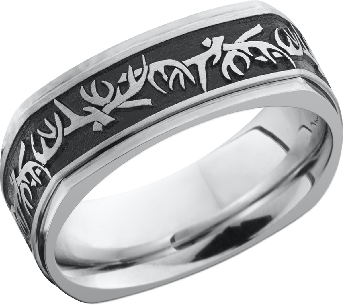 Cobalt chrome 8mm flat square band with a laser-carved antler pattern