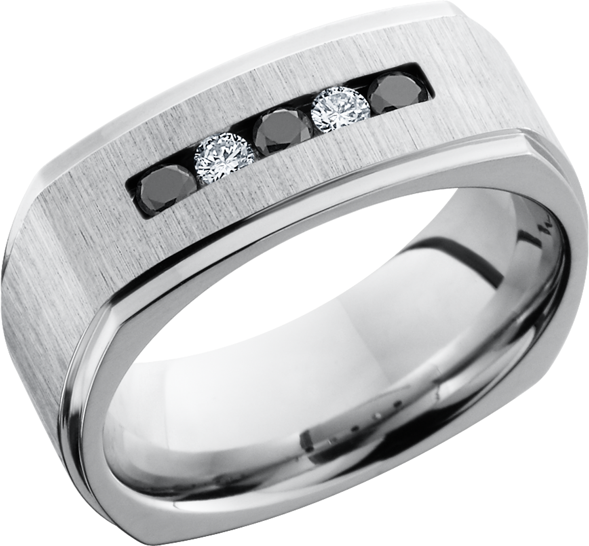 Cobalt chrome 8mm flat band with grooved edges featuring 3, .5ct black diamonds and 2, .5ct white diamonds