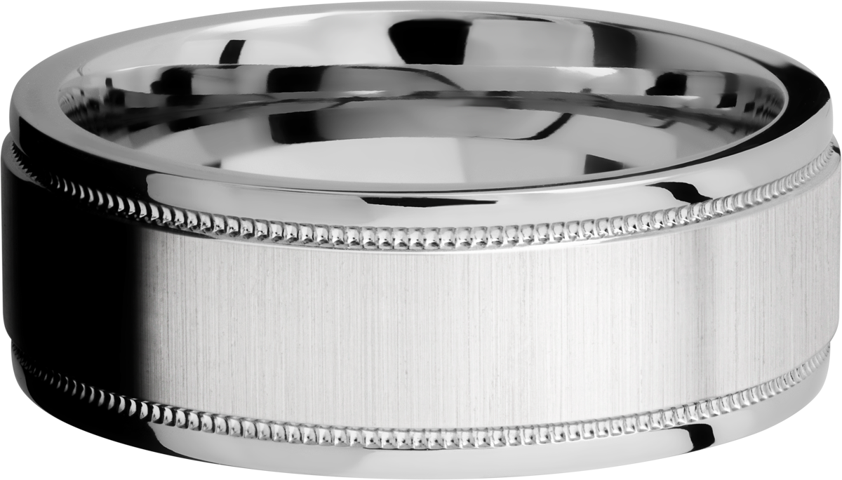 Cobalt chrome 8mm flat band with grooved edges and reverse milgrain detail