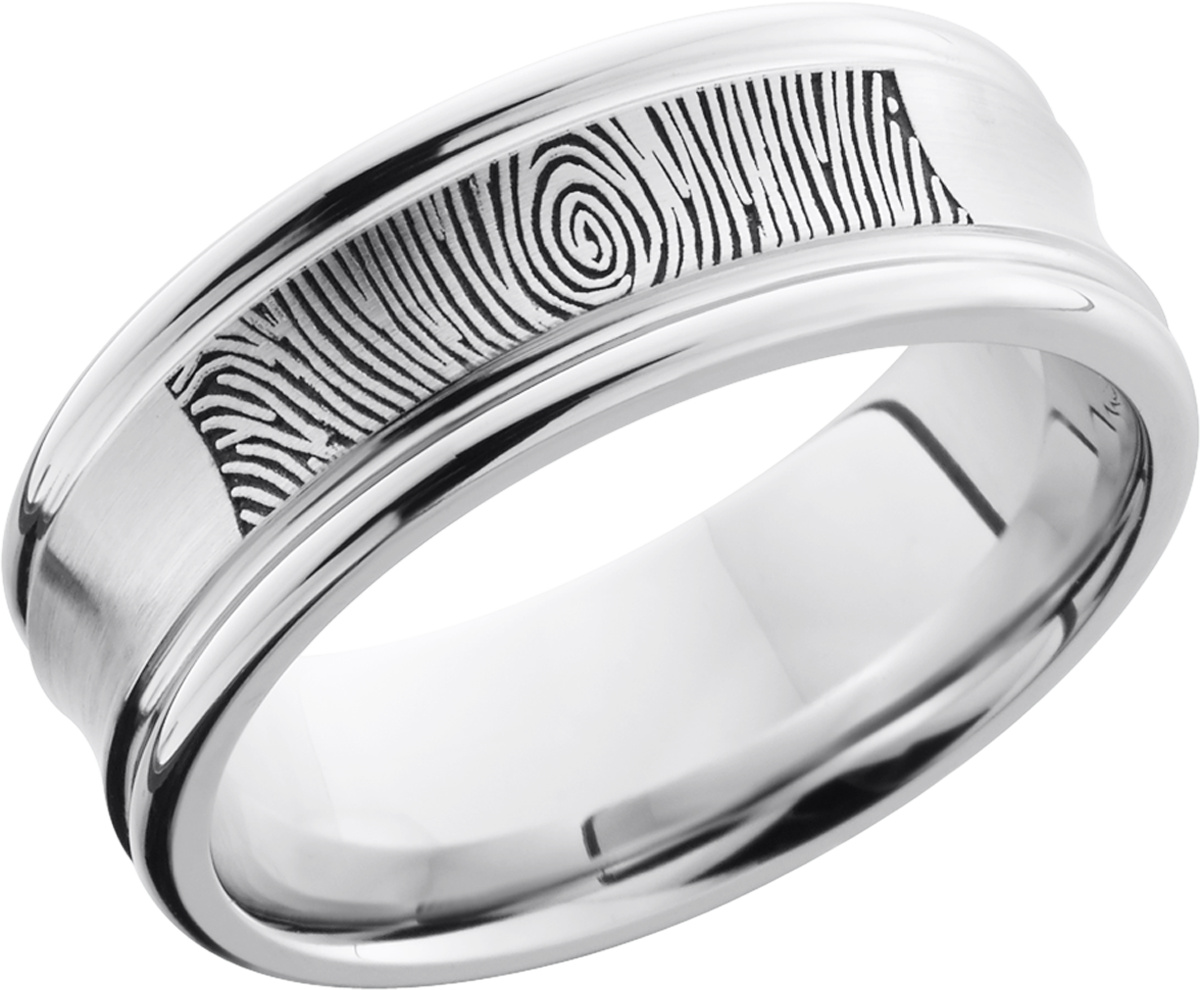 Cobalt chrome 8mm concave band with rounded edges and a laser-carved fingerprint