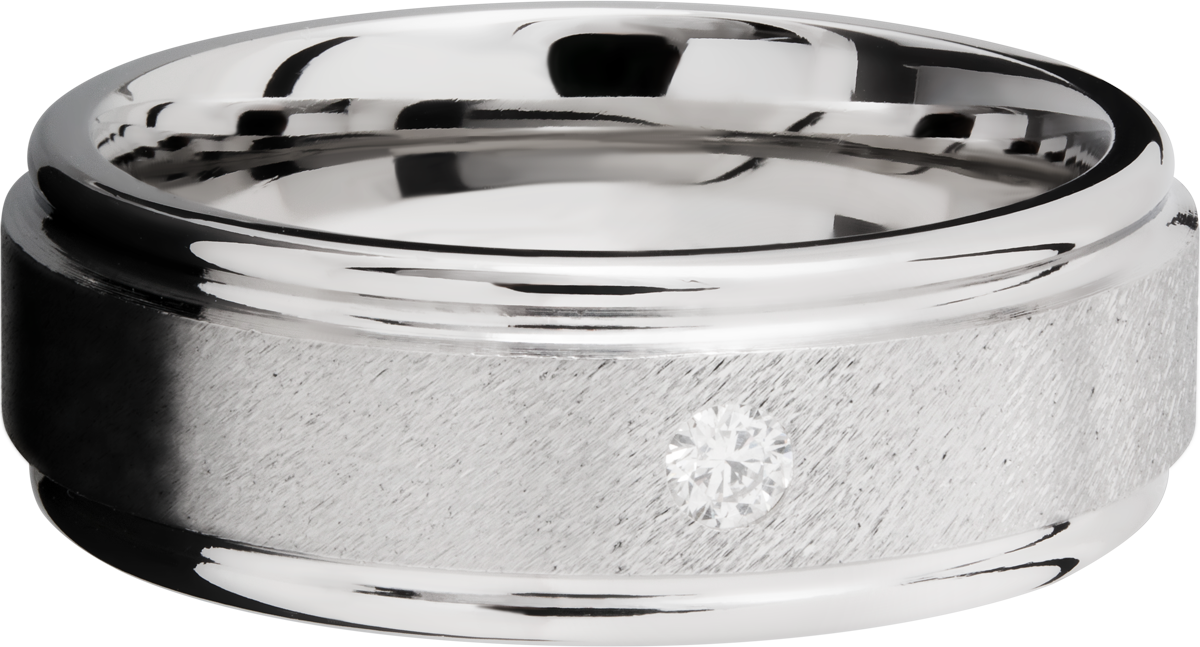 Cobalt chrome 8mm flat band with rounded edges and a .07ct flush-set diamond