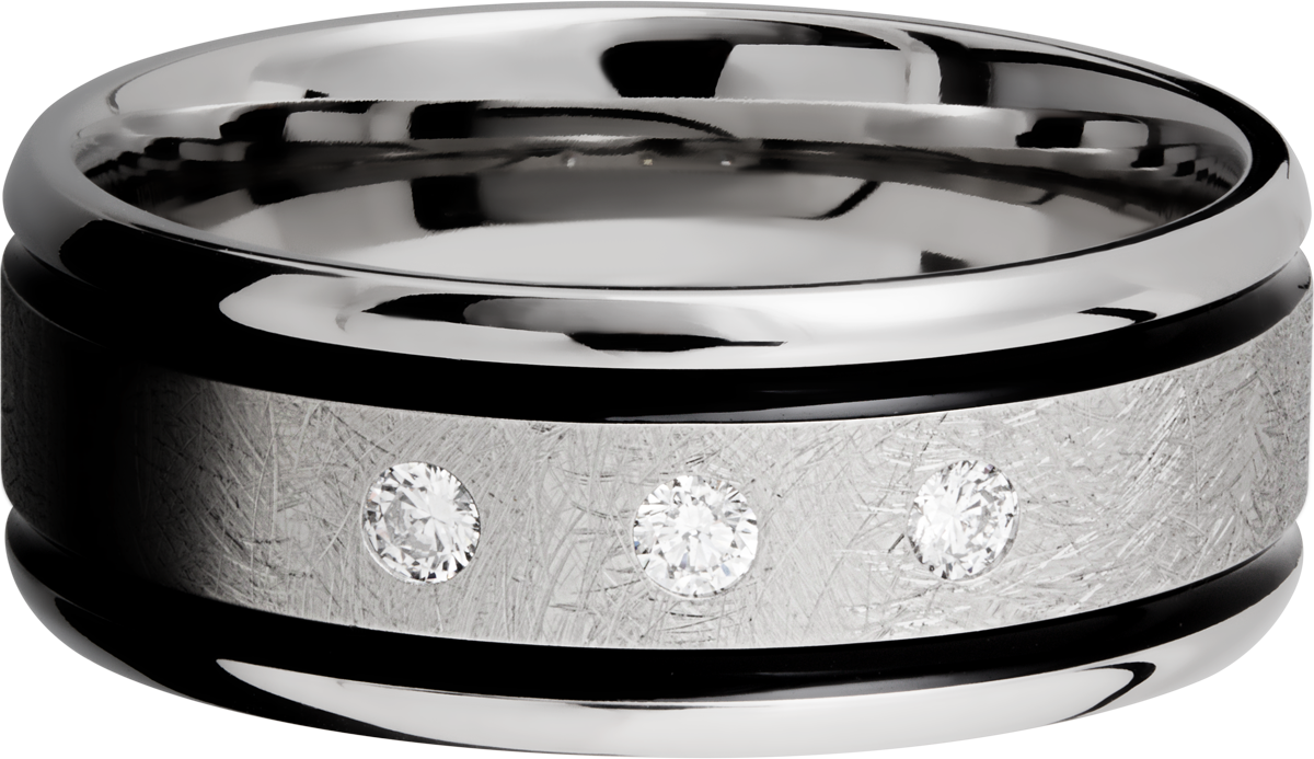 Cobalt chrome 9mm beveled band with black Cerakote in grooves and 3, .05ct flush-set diamonds