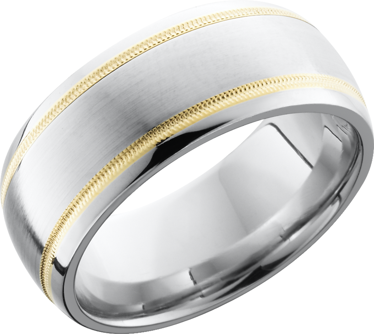 Cobalt chrome 9mm domed band with 2, 1mm inlays of 14K yellow gold in reverse milgrain