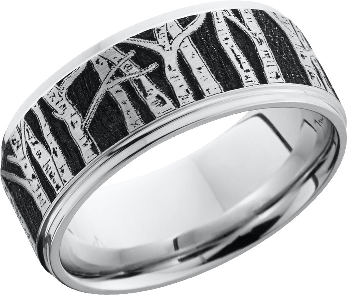 Cobalt chrome 9mm flat band with grooved edges featuring a laser-carved aspen treeline pattern