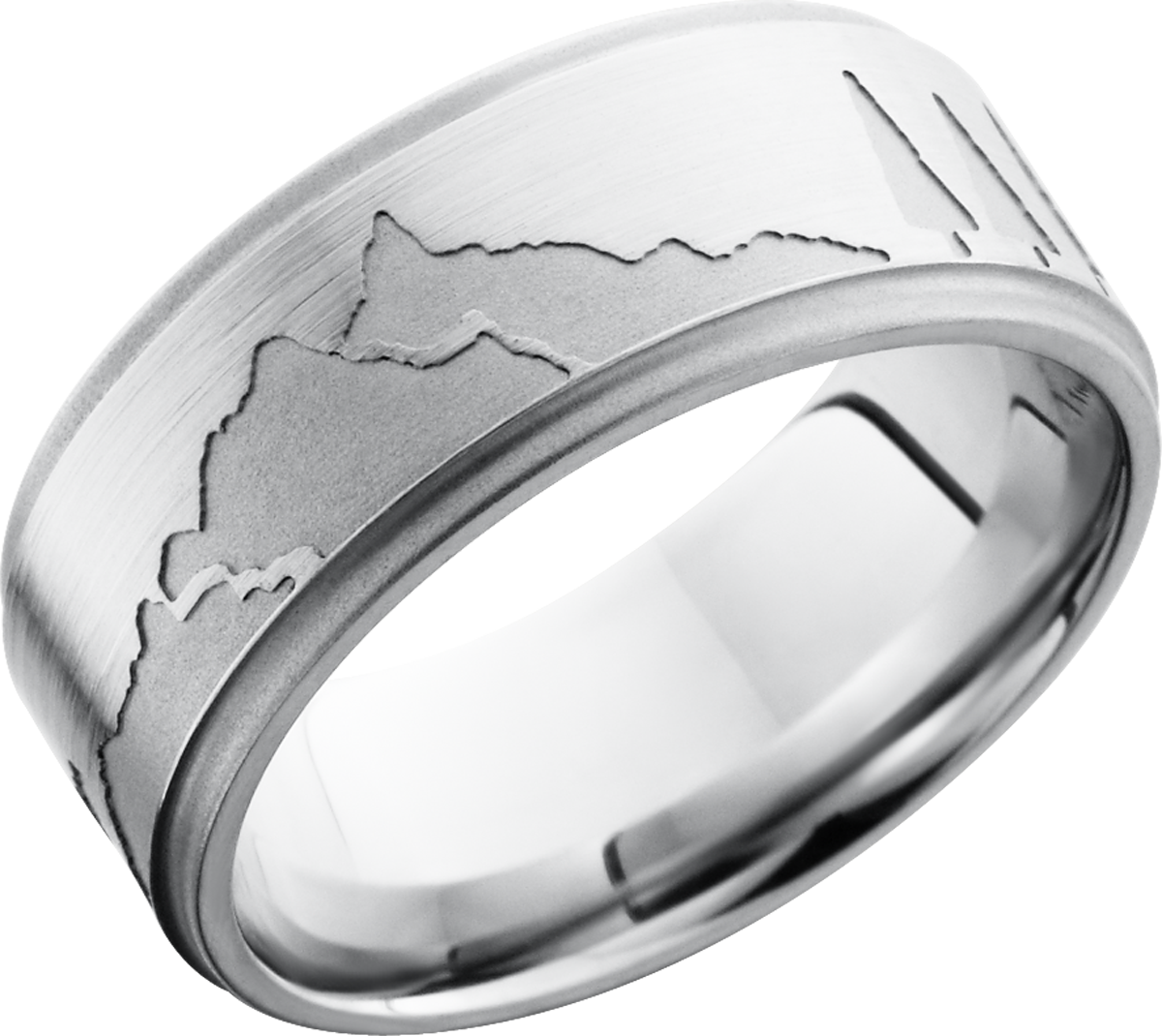 Cobalt chrome 9mm flat band with grooved edges featuring a mountain skyline