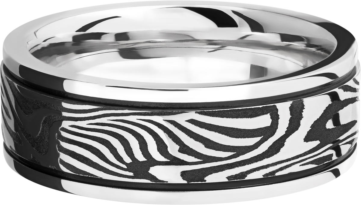 Cobalt chrome 8mm flat band with an inlay of handmade sunset Damascus steel accented with MGA on either side